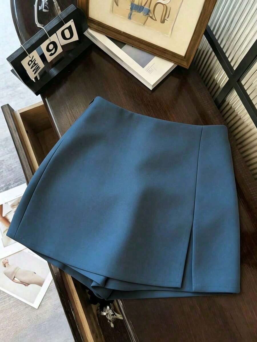 Pantalones cortos/falda/culotte/shorts de mujer de tela suave y texturizada de cintura alta con abertura, de estilo casual y versátil para uso diario, primavera/otoño - Azul - Ver 1