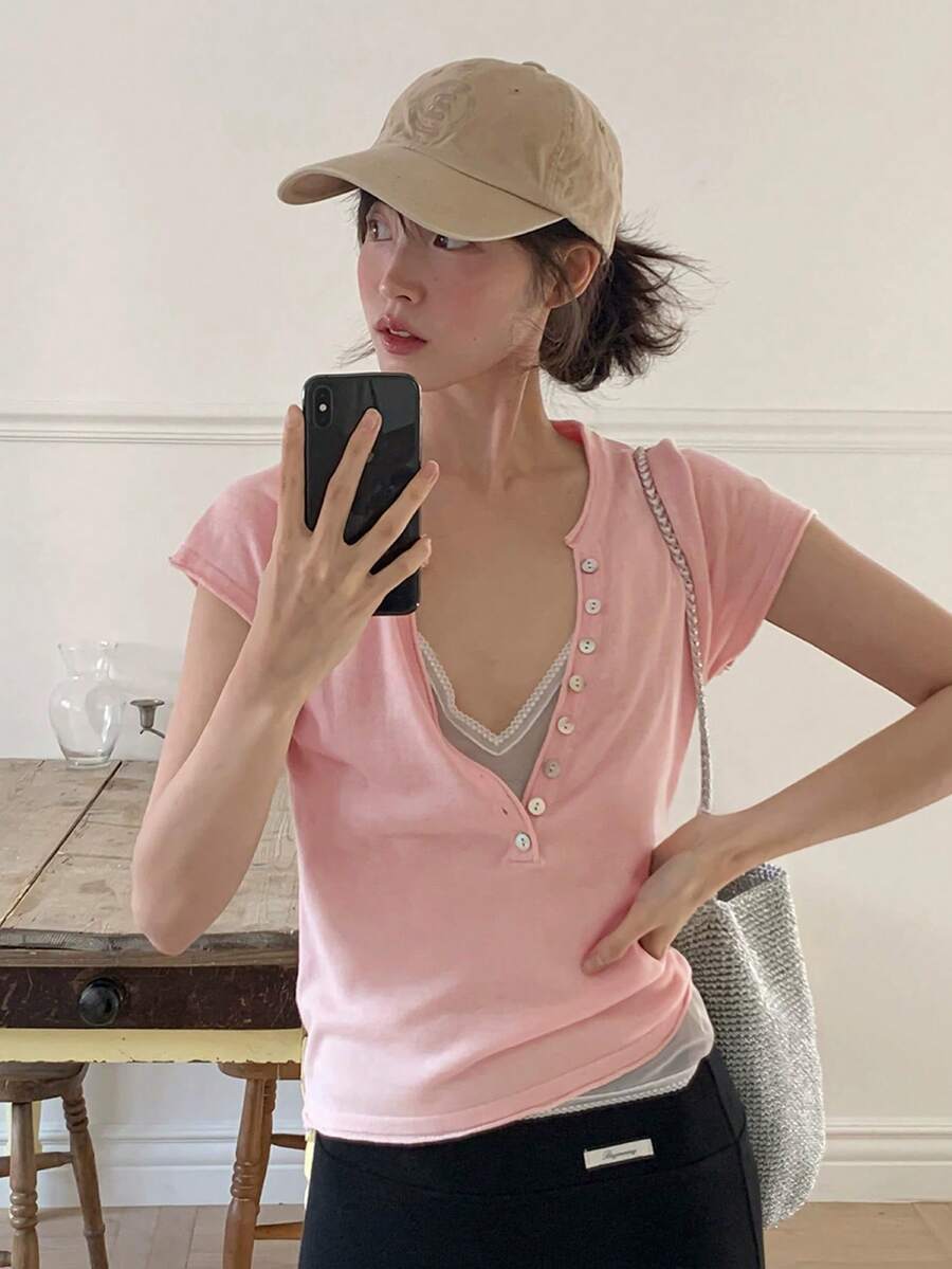 夏季韓系純色極簡基本修身百搭鈕扣V領休閒短袖針織上衣女款
