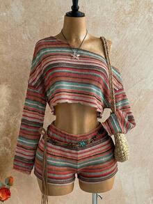 Casual 2-Piece Set Consisting Of A Cropped Top With An Irregular Neckline And Lettuce Hem, And Shorts, In A Solid Color, For Vacation, Spring/Summer - 彩色 - 查看 7