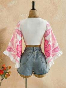 Conjunto de Verano para Mujer, Casual para Vacaciones, Blusa con Estampado de Leopardo, Manga Acampanada y Puño con Volantes, con Lazo Frontal - Rosa - Ver 2