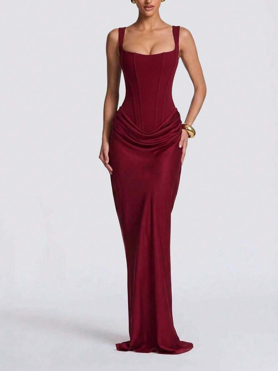 1pc Women's Sexy Minimalist Solid Color Elegant Ruched Deep V-Neck Long Sleeve Bodycon Dress Party Summer - Burgundy - View 1