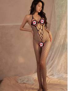 Macacao Feminino Sexy com Decote Halter e Design de Malha Aberta Meia de Corpo Inteiro,lingerie erótica - Preto - Visão 1