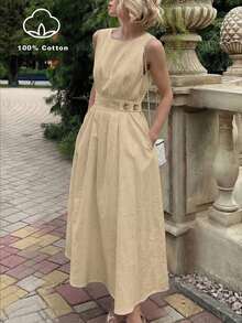 Vestido de algodón sin mangas de longitud media color caqui para mujer - Elegante, minimalista, elegante, adecuado para el transporte diario en verano - Caqui - Ver 6