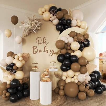 138-Piece Black And Brown Balloon Arch Decoration Set, Featuring Black, Brown, Nude, Sand, And White Latex Balloons, Suitable For Western Cowboy Country-Style Babyshowers, Gender Reveal Parties, And Birthday Party Decorations.