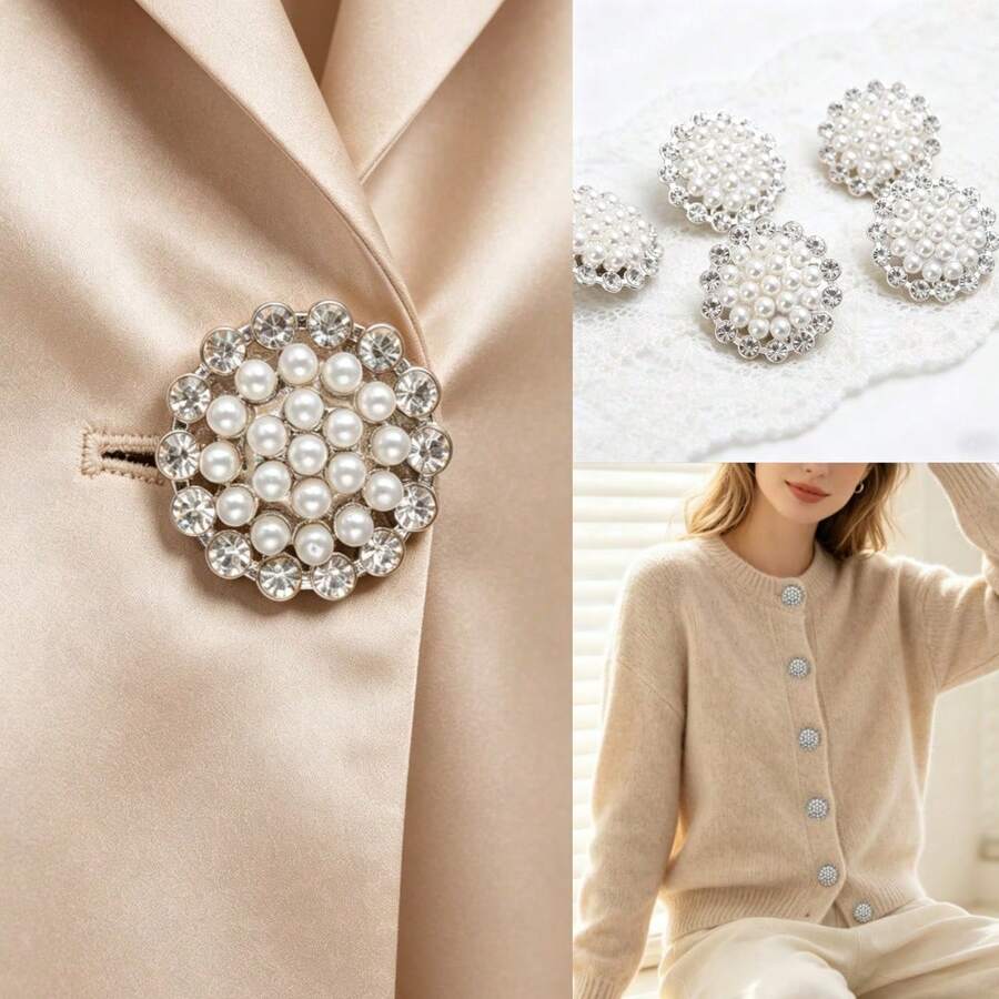10pcs 2.1cm Faux Pearl Rhinestone Buttons Stylish Shiny Metal Shank Buttons For Clothing Sewing Dress Coat Sweater DIY Accessories - A - View 1