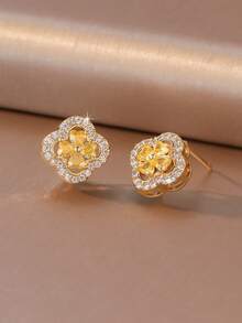 1 par de pendientes de trébol de cuatro hojas de 6 colores, con piedras de circonita brillantes engastadas, montura tipo halo, diseño de trébol de cuatro hojas con gemas de colores, material chapado en oro de 18K, apto para piel sensible, regalo de cumpleaños perfecto para mujeres - Multicolor - Ver 13