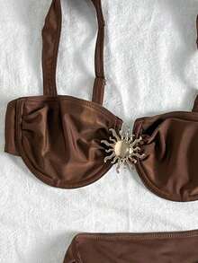 2026 Conjunto de traje de baño tipo tankini de 3 piezas de unicolor, con diseño de tirantes anchos y soporte con aros, estilo de playa de moda, perfecto para vacaciones en la playa y fiestas en la piscina durante el verano - Marrón Chocolate - Ver 6