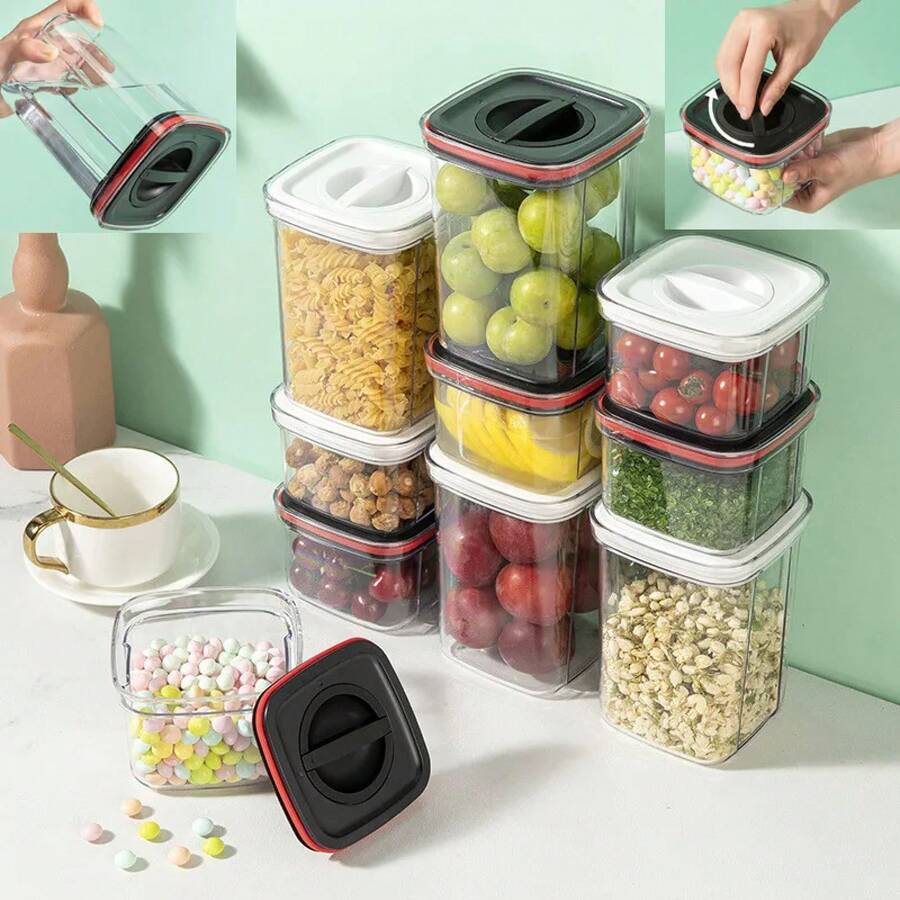 Tarro sellado con cubierta giratoria, caja de almacenamiento de alimentos, tanque multigrano de plástico transparente, tarros de almacenamiento secos apilables, organizador de cocina - Blanco 600 ml - Ver 1