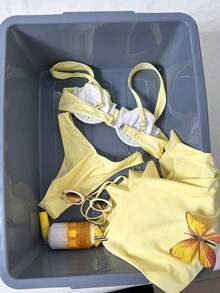 2026 Conjunto de traje de baño tipo tankini de 3 piezas de unicolor, con diseño de tirantes anchos y soporte con aros, estilo de playa de moda, perfecto para vacaciones en la playa y fiestas en la piscina durante el verano - Amarillo - Ver 7