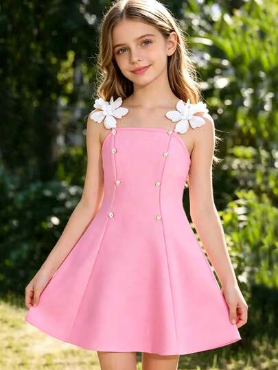 Vestido de tirantes para niñas de 8 a 12 años, decorado con botones de perlas y flores blancas 3D, estilo dulce, adecuado para vacaciones, uso diario, fiesta de cumpleaños