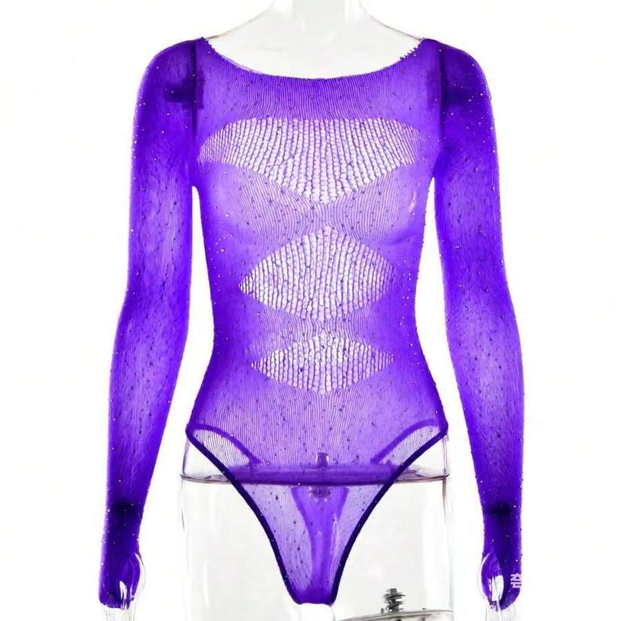 Rhinestone Sheer Mesh Lingerie Costume Set, Sparkling Hot Drill Decor Design, Pure Aesthetic See Through Perspective Style, Elegant Dance Performance Outfit, Soft Stretchy Skin Fabric, Seductive Fitted Tailored Cutting, Glamour Shiny Rhinestone Accents, Flirty Boudoir Tempting, Multi Purpose Themed Uniform Wear, Lightweight Breathable Daily Loungewear, Romantic Intimate Bedroom Attire, Stylish Stage And Lounge Costume For Women - T330螢光紫簡裝 - 查看 1
