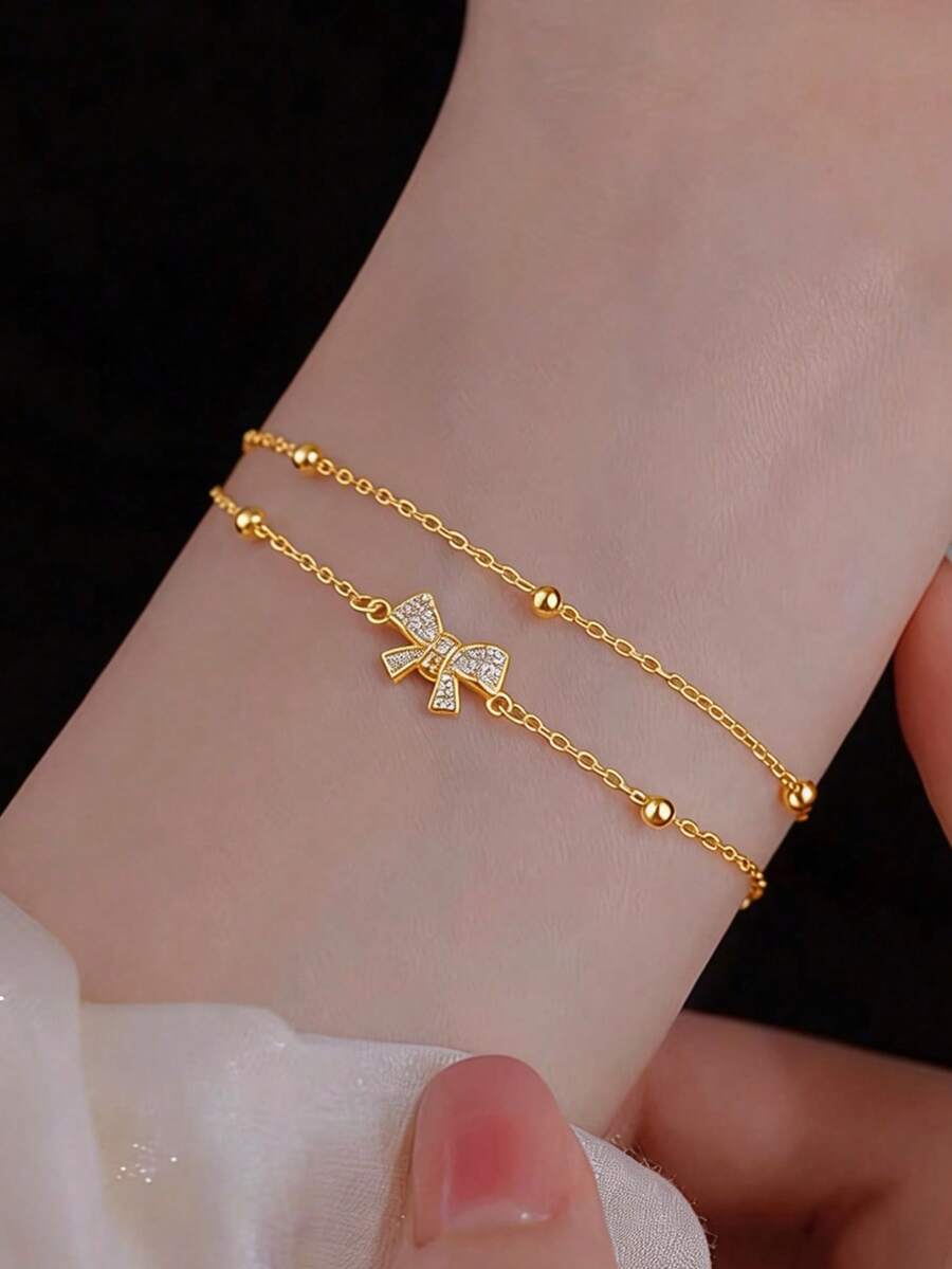 1pc Elegant Luxury Double-Layer Bowknot Bracelet - Gold - View 1