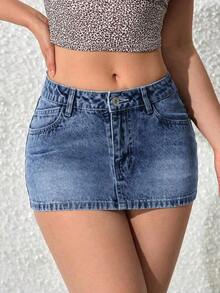 Falda vaquera corta casual de mujer con decoración de bolsillo y silueta ajustada - Azul lavado oscuro - Ver 8