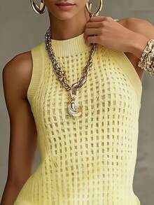 Camiseta de punto calada para mujer, sin mangas, cuello redondo, transpirable y ajustada, versátil camiseta interior elástica para ir al trabajo y citas en verano - Amarillo claro - Ver 3