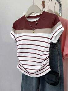 Set de 3 camisetas a rayas para mujer, en negro, blanco y rojo, camisetas versátiles de moda con cintura fruncida, adecuadas para volver al colegio, sesiones de fotos y uso al aire libre - Multicolor 5 - Ver 7
