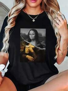 Camiseta de Mujer con Retrato de la Mona Lisa - Manga Corta, Cuello Redondo, Estampada, Estilo Casual, Adecuada para Primavera, Verano y Todas las Temporadas - Diseño de la Mona Lisa Lavable a Máquina - Negro - Ver 12