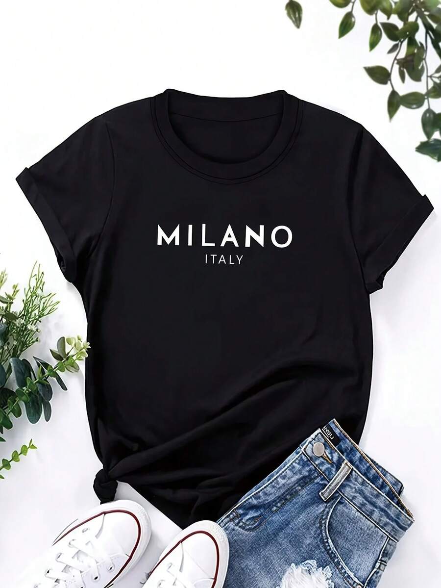 Camiseta de algodón de manga corta para mujer, 1 pieza, camiseta casual de cuello redondo para mujer, top de verano de manga corta con estampado de letras italianas de Milán, adecuada para longitud regular. - Negro - Ver 1