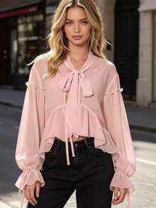 Women's Sheer Ruffle Tops Fashionable Solid Color V Neck Long Sleeve Tie Front Loose Blouse - 粉色 - 查看 2