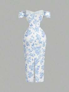 Vestido ajustado con hombros descubiertos y estampado floral rosa para mujer - Azul y blanco - Ver 5