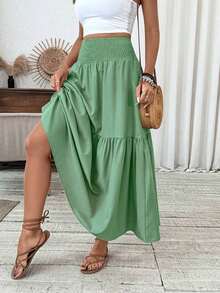 Women's Long Ditsy Floral Skirt, Casual Elastic Waist With Pockets, Ruffle Hem, A-Line Skirt For Summer Spring - Sage Green - View 7