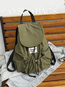 Large Capacity Fashionable Plaid Multi-Pocket Nylon Casual Backpack, Waterproof Lightweight Foldable Drawstring Patch Letter Travel Bag, Summer - Green - View 9