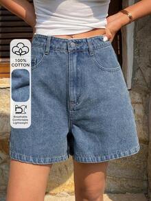 shorts vaqueros informales y sueltos con efecto desgastado para mujer - Azul lavado medio - Ver 6
