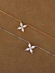 1 chiếc trang sức nữ thanh lịch, mặt dây chuyền hình hoa bốn cánh bằng bạc 925 mạ vàng 18K đính đá Zirconia, trong suốt và lấp lánh, thích hợp để đeo hàng ngày, đi làm, làm quà tặng dự tiệc. - #1 - Xem 4