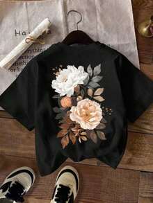 Mexican Basic Camiseta de mujer, camiseta de manga corta con gráfico de estilo casual de calle, top de verano lindo, tops de manga corta para mujer, camiseta oversize, camiseta con estampado de rosa 3D, camiseta vintage lavada, camiseta vintage lavada con estampado de rosa 3D, camiseta con flores, camiseta oversize de manga corta, tops de mujer, camiseta oversize de manga corta, camiseta con estampado de rosa New Launch - Negro - Ver 4