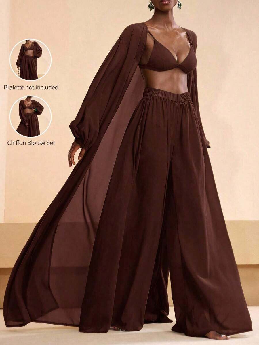 Conjunto de bata y pantalones de pierna ancha de unicolor para mujer, conjunto informal de cubrecuerpo para resort - Marrón - Ver 1