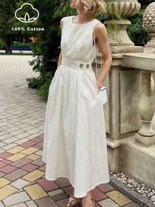 Vestido de algodón sin mangas de longitud media color caqui para mujer - Elegante, minimalista, elegante, adecuado para el transporte diario en verano - Albaricoque - Ver 1