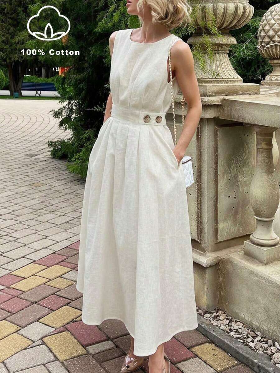 Vestido de algodón sin mangas de longitud media color caqui para mujer - Elegante, minimalista, elegante, adecuado para el transporte diario en verano - Albaricoque - Ver 1