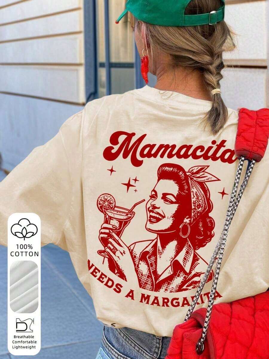 Women's "Mamacita Needs A Margarita" American Retro Graphic T-Shirt, 100% Cotton Soft Breathable Fabric, Loose Fit, Casual Short Sleeve Holiday Style, Suitable For Outings With Friends, Beach Trips, Theme Parties, Daily Commuting In Summer - 杏 - 查看 1