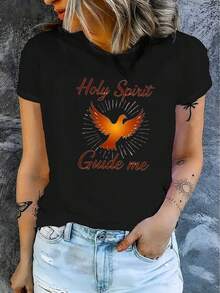 Camiseta casual de manga corta para mujer para Halloween, 1 pieza, 100% algodón grueso - Cuello redondo cómodo, camiseta suave y bonita. - Negro - Ver 2