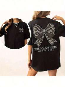 Vintage Camouflage Drawstring Hunting Shirt, Wild Southern Camouflage T-Shirt, Simple Graphic Print Shirt, Women's Everyday Casual Wear - Unisex, Loose Fit, Comfortable, Vintage Street Style - Cotton T-Shirt. - 黑色 - 查看 5