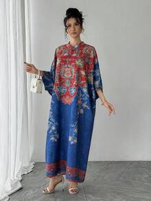 1件女款阿拉伯式長袍洋裝，對比色拼接印花，立領，單排扣，插肩袖，阿拉伯女裝度假紅 - 紅色 - 查看 5