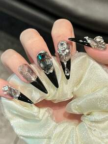 10PCS Long Stiletto Handmade Press On Nails For Party And Daily Wear,Black Colors Nails,Black French Luxury Dark Y2K Style, Full Rhinestone Shining Starry Design, Super Flash Big Gems,Shiny And Dazzling,Easy To Wear 10pcs Y2K Handmade Press On Nails,Summer Nails ,Summer Style,Suitable For Girls And Women Festivals Parties And Daily Wear - Black - View 3