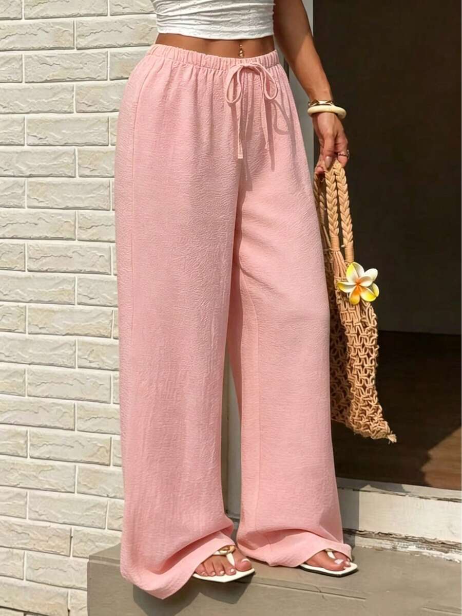 加大码女式夏季休闲宽松纯色阔腿裤 粉色 - 粉色 - 查看 1