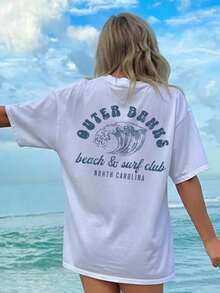 Blusas para Mujer Algodón Blanco Estampado "Outer Banks" Olas Manga Corta Casual Playa - Blanco - Ver 8