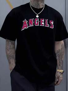 1 pieza Camiseta Deportiva para Hombre Graphic Angels, 220g, Estilo Urbano, Oversized, 100% Algodón, Estampado Digital, Estilo Casual Hip Hop Skateboard, Corte Holgado. - Rojo - Ver 7