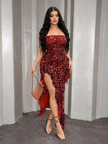 YHHSHEIN  Vestido ajustado con volantes y abertura con estampado de leopardo sexy y elegante para mujer, apto para uso diario, reuniones, citas, fiestas, vacaciones en isla, playaYHH - Rojo - Ver 5