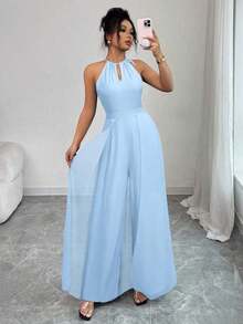 Mono elegante de mujer con cuello en V, cintura ajustable, sin mangas, de gasa con parches, y bajo translúcido - Azul - Ver 1