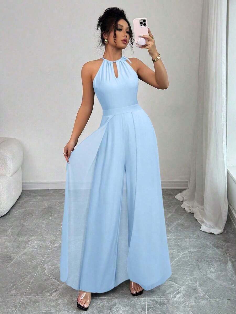 Mono elegante de mujer con cuello en V, cintura ajustable, sin mangas, de gasa con parches, y bajo translúcido - Azul - Ver 1