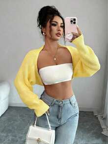 Raffinéa Cárdigan corto de punto acanalado de unicolor elegante para mujer, otoño - Amarillo claro - Ver 8