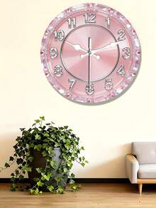1pc 2D Flat Pink Crystal Theme Silent Decorative Wall Clock, Creative Clock Suitable For Bedroom, Living Room, Office, Size 10/12 Inches (Batteries Not Included) - 1PC - View 3