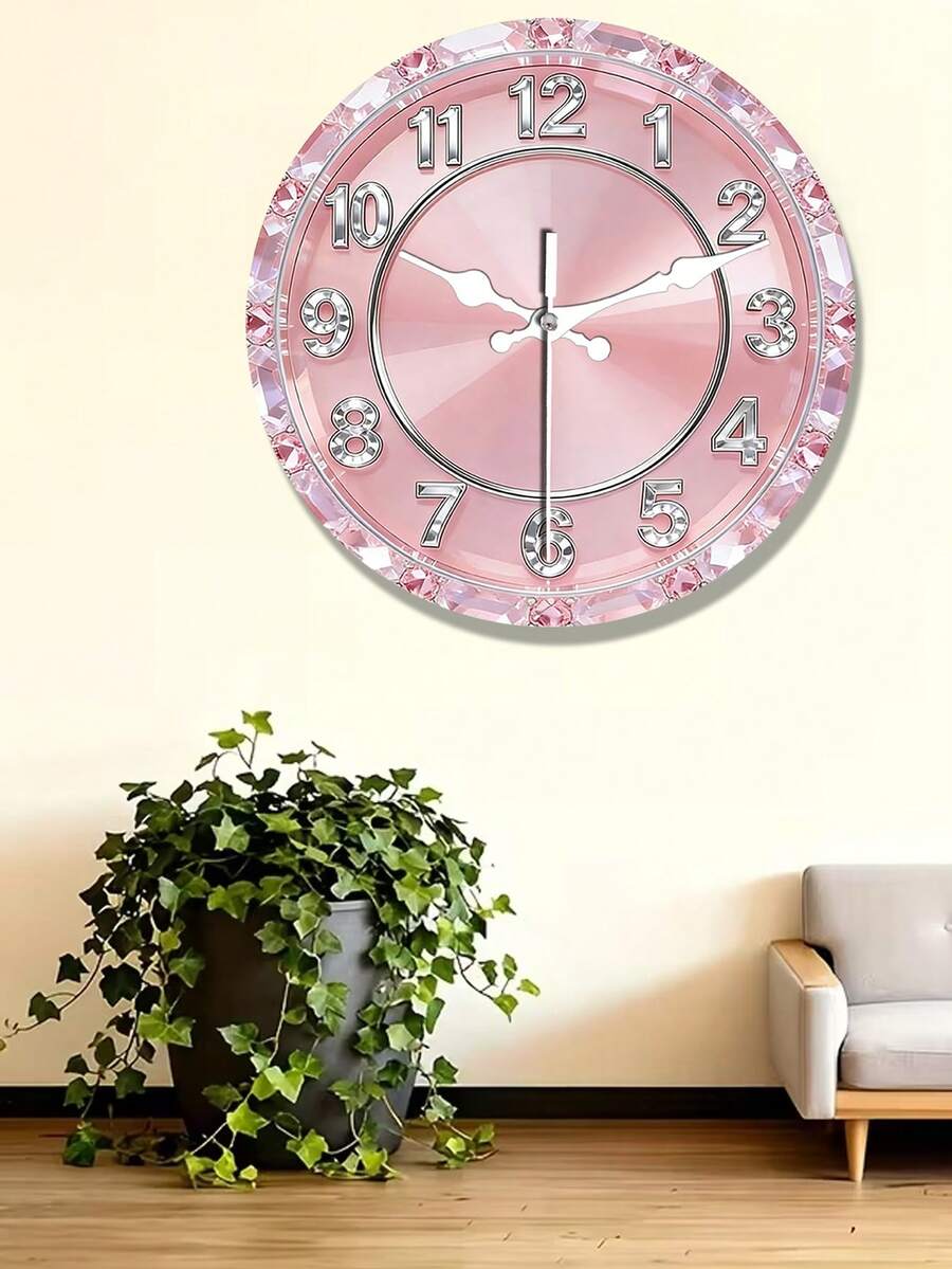 1pc 2D Flat Pink Crystal Theme Silent Decorative Wall Clock, Creative Clock Suitable For Bedroom, Living Room, Office, Size 10/12 Inches (Batteries Not Included) - 1PC - 查看 1