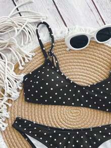 Swim Mod Elegant Vacation Bohemian Navy Blue & White Polka Dot Adjustable Strap V-Neck Sexy Bikini Set - Nhiều màu 12 - Xem 9