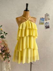 Nuevo vestido elegante y romántico para invitados de boda, de unicolor, con espalda descubierta, multicapa con volantes de gasa, minivestido, adecuado para estilo bohemio, boho, flores románticas, vacaciones, fiestas florales, citas, San Valentín, - Amarillo - Ver 6