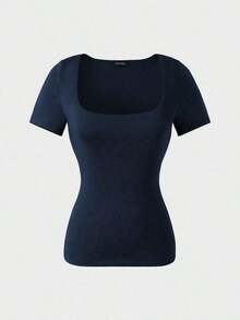 Blusa de manga corta y cuello redondo casual y elegante, adecuada para uso diario, ir al trabajo y salir, primavera/verano blanco - Azul marino - Ver 6