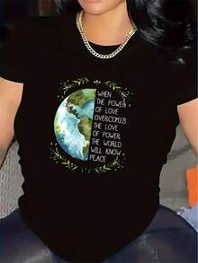 Camiseta suave 100% algodón con diseño inspirador de la Tierra |   Ideal para la oficina en casa o para uso casual, tela duradera y cómoda, regalo perfecto para amantes de la paz, camiseta elegante y ligera para uso diario, cuello redondo, tela de elasticidad media, camiseta de algodón transpirable, combina con todo. - Negro - Ver 7