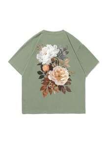 1PSCCamisetas de manga corta con cuello redondo y estampado floral y de pintura oriental para hombre - Verde - Ver 2